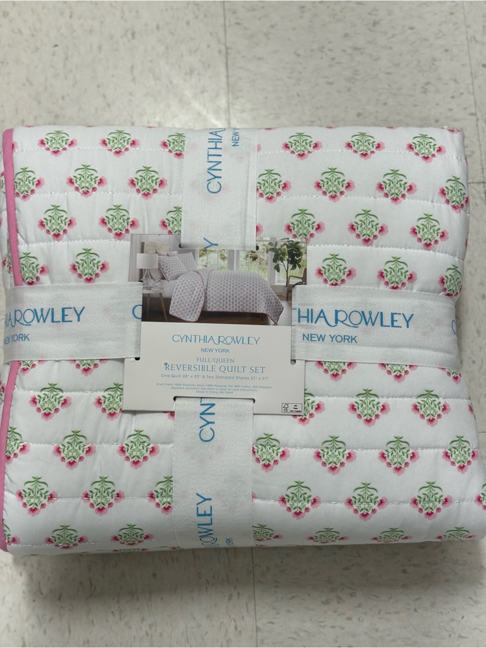 Cynthia Rowley Reversible Quilt Set - White with Pink & Green Floral